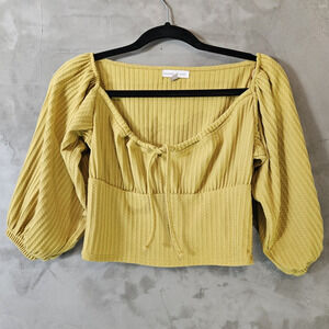 Backyard Roses size M Yellow Ribbed Square Neck 3/4 Puff Sleeve Tie Crop Top